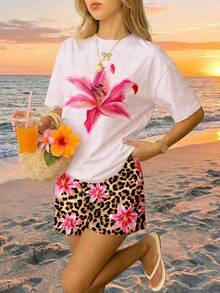 2pcs/Set Teen Girl Floral Print Loose Crew Neck Short Sleeve T-Shirt And Leopard Print Loose Shorts, Suitable For Spring/Summer - Multicolor - View 5