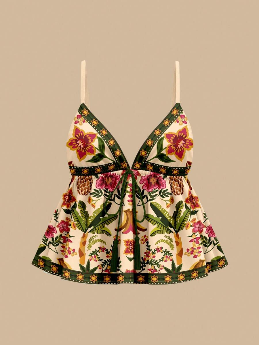 Travachic 女士波西米亚风热带花卉水果椰树印花A字吊带背心，适合度假、海滩、旅行，时尚百搭。 - 彩色 - 查看 1