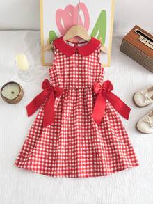 女童经典红白格子蝴蝶结印花纹理泡泡面料连衣裙，领口和腰部饰有蝴蝶结，适合春夏日常、休闲和派对场合穿着。 - 紅色 - 查看 3