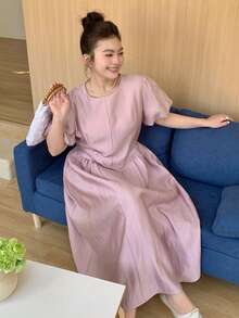 Dazy Plus Đầm dài màu trơn cổ tròn tay phồng eo thắt cho nữ cỡ lớn, màu hồng, thích hợp cho mùa xuân/hè. - Màu tím hoa cà - Xem 4