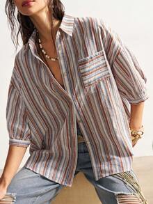 Bohemela Casual Woven Striped Loose Blouse For Women - Multicolor - View 3