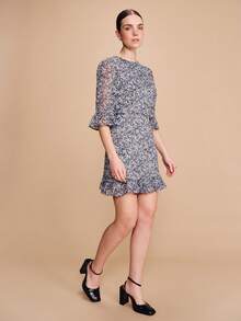 lacRébo 蓝色抽象印花雪纺迷你连衣裙，收腰设计，荷叶边袖口和飘逸下摆，可爱春夏连衣裙，法式巴黎风情。 - 彩色 - 查看 3