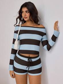 Aidyla Women's Cold Shoulder Top And Low-Waist Shorts, Casual Fashionable Streetwear Blue And Brown Striped 2-Piece Set - Multicolor - View 6