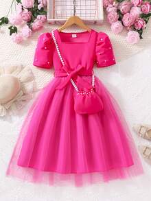 1pc Girls Sweet Princess Style Square Neck Puff Sleeve Dress + Bow Waist Belt Flared Skirt Dress Set, Suitable For Dates And Gatherings In Summer - Hot Pink - View 4