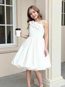 Tween Girls' Spaghetti Strap Dress,3D Floral Decor White Elegant Summer Vacation Holiday Birthday Party Fitted Ribbed Top Gentle Style Outfit - White - View 5