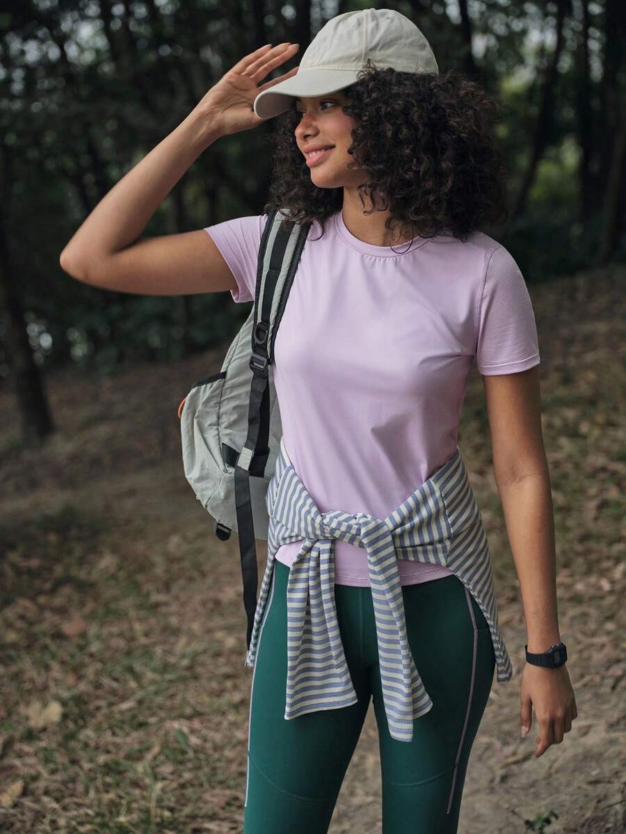 SHEIN In My Nature Lättviktig t-shirt med lapptäcke i mesh för kvinnor, lila, för utomhusbruk - Mauve Lila - Visa 1