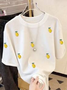 Resyla 女士时尚休闲落肩圆领T恤，柠檬刺绣T恤，柠檬图案T恤，休闲舒适户外T恤，四季皆宜T恤，水果图案T恤 - 白色 - 查看 3