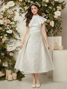 SHEIN 2pcs/Set Elegant Teen Girls Asymmetric Ruffle Collar Blouse + 3D Floral Textured Skirt Suit, Princess Dress Set