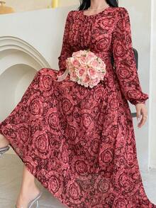 DAZY 优雅法式束腰长连衣裙，女士吊带裙，波西米亚风度假装扮 - Red Plum - 查看 1