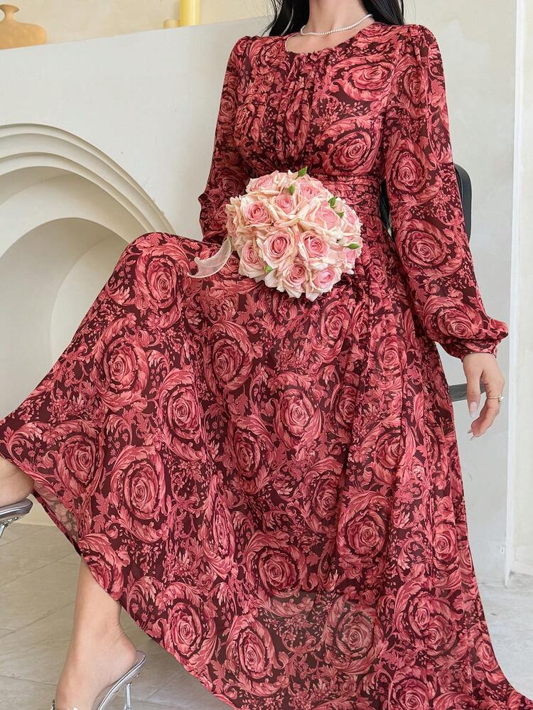 Elegant French Style Cinched Waist Long Dress For Women Sundress Boho