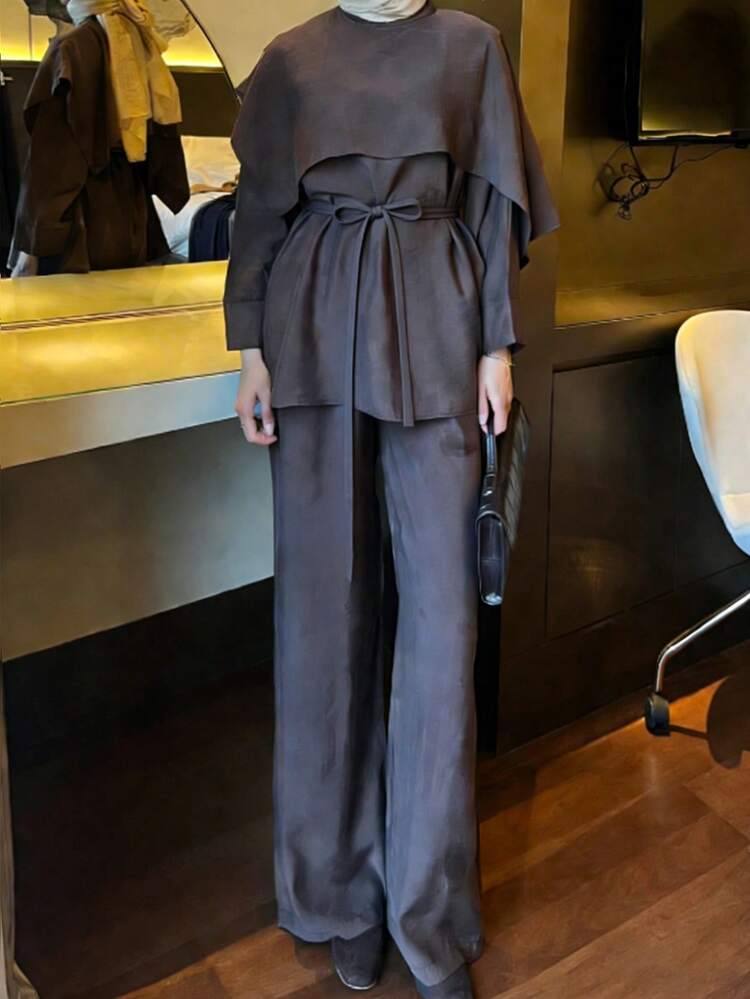 2pcs Women Casual Solid Color Long Sleeve Top And Pants Set, Autumn