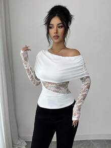 Elenzga Elegant Urban Chic New Women's White Lace Splice One-Shoulder Fitted Short Top, Suitable For Daily Wear, Weddings, Galas, Commuting, Graduation Parties, Holidays, Vacations, Dates, Parties, Halloween, Christmas, New Year, Thanksgiving, Weddings - White - View 7