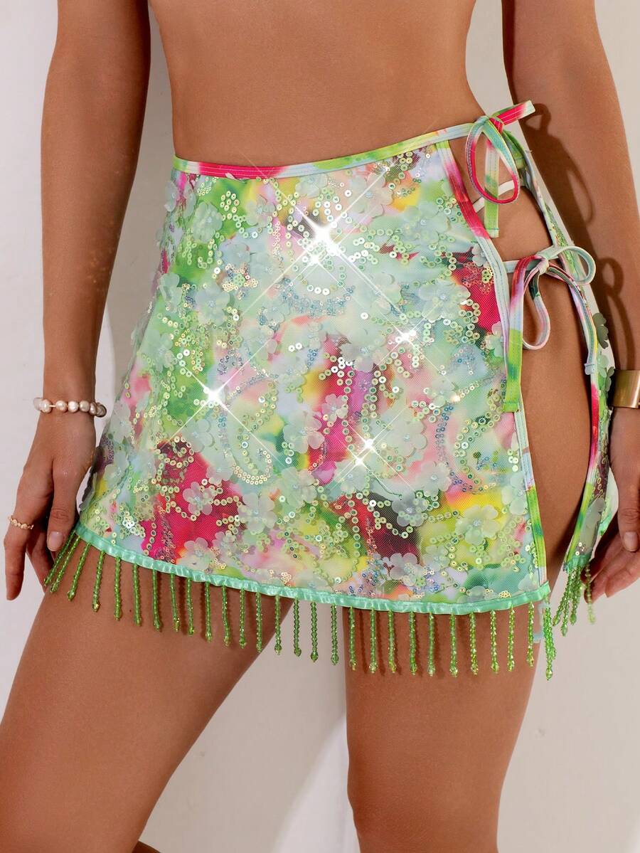 Swim Vcay 女士串珠亮片刺绣扎染印花面料罩衫连衣裙，沙滩派对度假风 - 彩色 - 查看 1