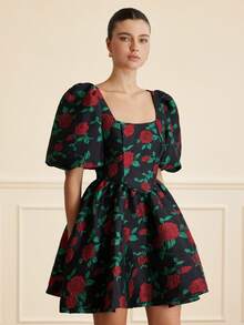 BELROSIE Schwarz & Rot Kontrast Farbe Rose Jacquard Stoff Quadratischer Kragen Puffärmel Kurzes Kleid, eleganter französischer Retro-romantischer Stil für Frauen - Verschiedenfarbig - Übersicht 4