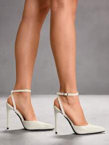 CUCCOO SZL 女士黑色珠光尖头细高跟性感派对晚宴高跟鞋，带踝带，适合圣诞节穿着 - 鏡面米白12 - 查看 7