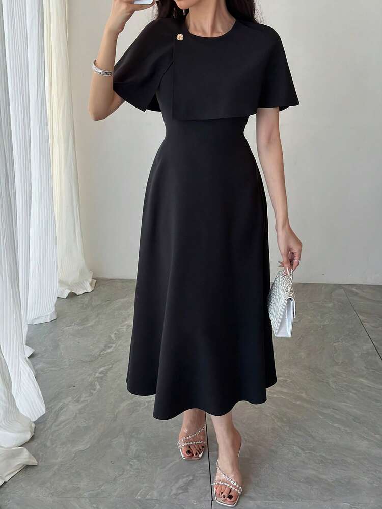 Women's Solid Color Round Neck Shawl Design Elegant Waist Cinched Midi Party Dress Summer Sundress