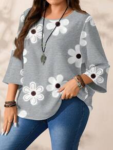 EMERY ROSE Plus Size Women Floral Print Casual Loose Fit 3/4 Sleeve Shirt, Suitable For Spring/Summer Spring - Multicolor - View 7