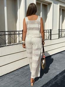 Lounesse 加大码两件套女装，方领镂空提花面料，休闲通勤度假款 - 米色 - 查看 2