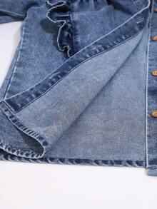 Tween Girl Casual Washed Denim Jacket With Ruffle Hem - Light Wash - View 11