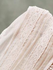 Bohemela Casual Solid Color Woven Patchwork Lace Trim Loose Short Sleeve Women Blouse - Beige - View 10