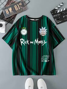 Rick and Morty X SHEIN Áo thun nam cỡ lớn cổ tròn tay ngắn họa tiết chữ và sọc - trắng - Xem 1