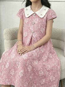 SHEIN Đầm ngắn tay thanh lịch họa tiết hoa jacquard dành cho bé gái tuổi teen - Hồng - Xem 2