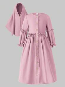 Girls Modest Patch Ruffle Trim Long Sleeve Robe Robe With Headscarf, Suitable For Spring & Autumn Purple Lilac Dress Long Kids Kids Abaya Dress Muslim Girl Dress Girls Modest Dress - Dusty Purple - View 4