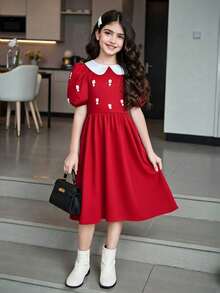 SHEIN Tween Girls' Colorblock Doll Collar Puff Sleeve Faux Pearl Bowknot Waist Party Dress, Summer Red Dress - Red - View 2
