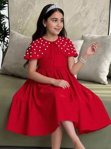 Tween Girl Elegant Bow & Pearl Decor Cropped Top & Square Neck Dress Set Red Dress - Red - View 3