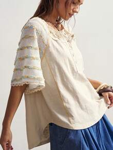 Bohemela Áo thun nữ tay ngắn dáng rộng, màu trơn, cổ kéo khóa nửa thân, chất liệu dệt kim, kiểu dáng thường ngày. - Màu be - Xem 4