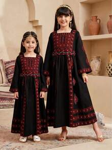 Young Girls' Print Pattern Belted Square Neck Dress, Suitable For Casual, Holiday, & Cute Daily Wear, Spring/Autumn - Black - View 1