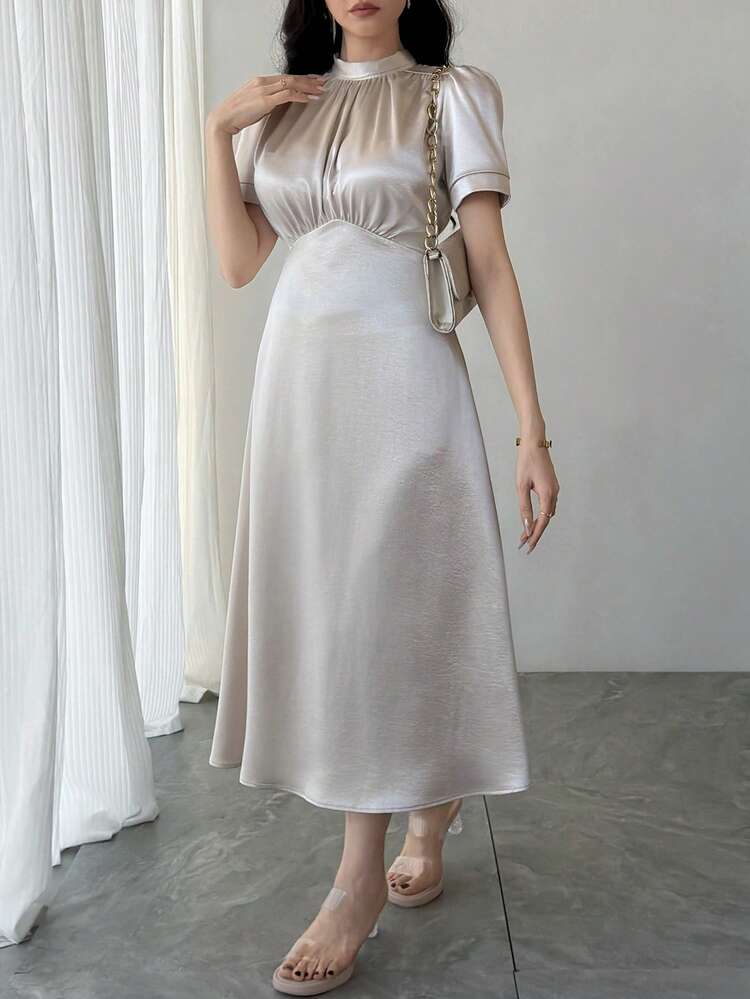 Women's Elegant Elegant Simple Solid Color Stand Collar Puff Sleeve Waist Cinched Long Dress, Summer Sundress