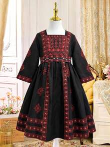Young Girls' Print Pattern Belted Square Neck Dress, Suitable For Casual, Holiday, & Cute Daily Wear, Spring/Autumn - Black - View 3