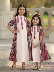 SHEIN Tween Girl Geometric Pattern Tassel Design Off-Shoulder Short Sleeve Dress - Apricot - View 3