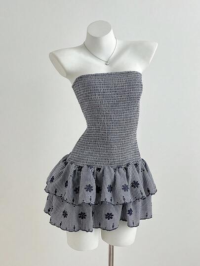 Elamini Women's Plaid Embroidered Ruffle Hem Mini Camisole Dress