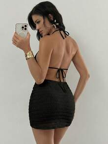 SHEIN Swim Summer Beach Halter Triangle Bikini Set With Beach Skirt - Black - View 5