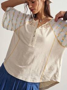 Bohemela Áo thun nữ tay ngắn dáng rộng, màu trơn, cổ kéo khóa nửa thân, chất liệu dệt kim, kiểu dáng thường ngày. - Màu be - Xem 2