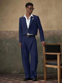 AKNOTIC 2 pièces Ensemble veste décontractée à manches longues et pantalon droit ample pour hommes - Bleu marine - Voir 8