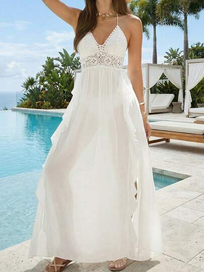 Swim Lushoire Women's Crochet Knitted Maxi Dress With Side Slit, Vacation Style