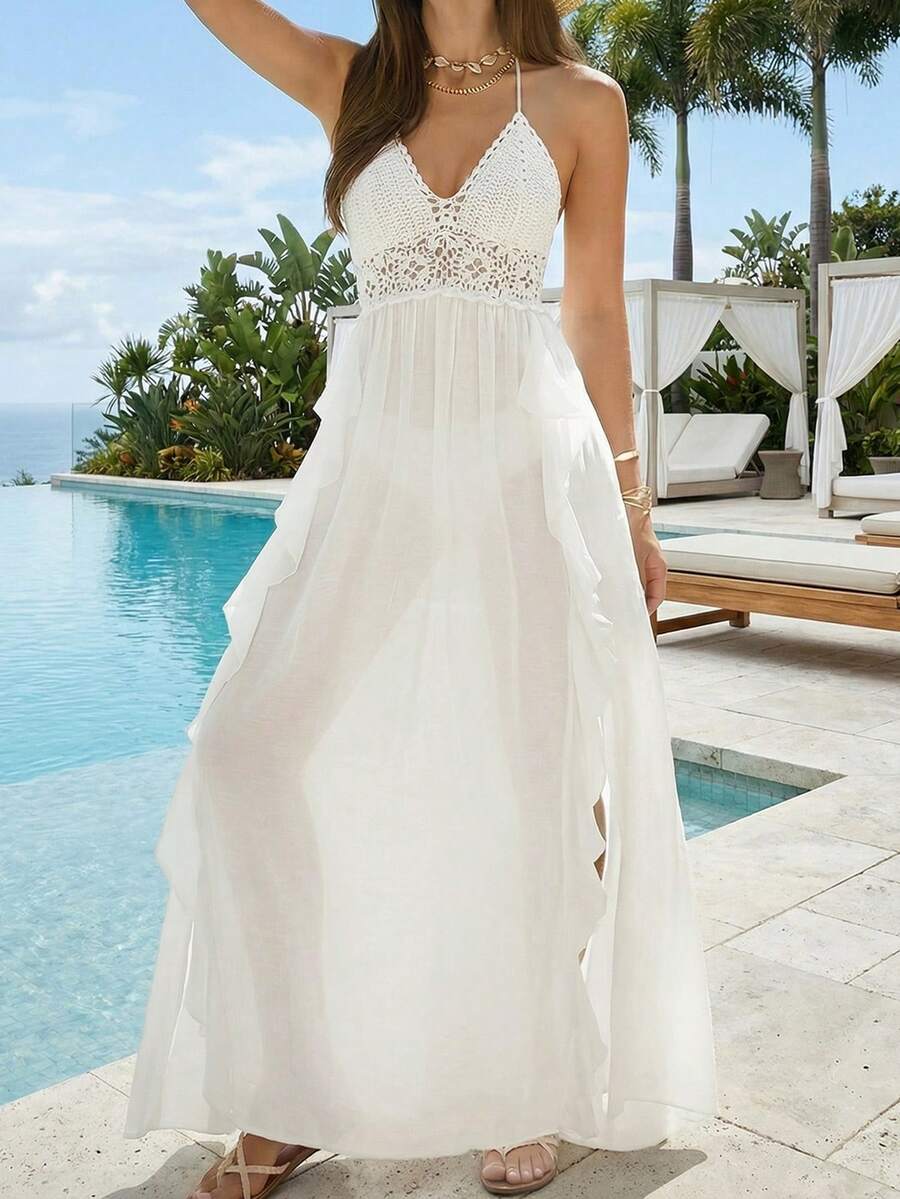 Swim Lushoire 女士钩针编织长款连衣裙，侧开衩设计，度假风 - 白色 - 查看 1