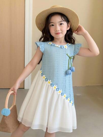 女童无袖针织连衣裙，纹理面料，撞色设计，花卉贴花，郁金香装饰，休闲日常穿着，春夏新款