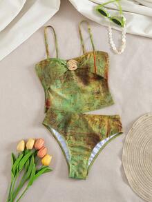 Swim SXY Swim Glamine-D 复古做旧绿棕色纹理女士夏季沙滩吊带比基尼套装，雕塑金属装饰修身吊带泳衣，Niche Sexy Vibe Holiday Outerwear 两件套 - 彩色 - 查看 5