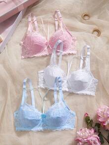 SHEIN 3件套性感蕾丝钢圈文胸套装，女士情人节礼物 - 彩色 - 查看 3