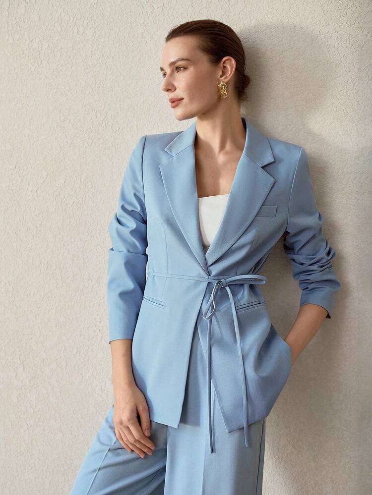 WOMEN'S SOLID COLOR TIE WAIST CINCHED ELEGANT OFFICE BLAZER