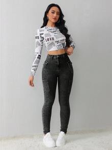 SHEIN Tall سراويل جينز نسائية ضيقة مطاطية جذابة، سراويل جينز طويلة للنساء، سراويل جينز شتوية للنساء، سراويل شتوية للنساء، بناطيل ضيقة للنساء، بناطيل رياضية للنساء الطويلات، سراويل جينز أم للنساء، سراويل جينز دنيم، جيجينجز نسائية، بناطيل ضيقة مطاطية للنساء - أزرق داكن - مشاهدة 5