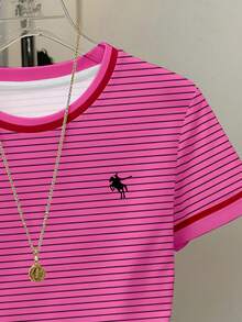 Resyla Women's Casual Striped Knight Print Short Sleeve Round Neck T-Shirt, Versatile - White - View 3