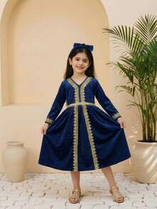 Girls' Long Sleeve Navy Blue Dress With Gold Floral Lace V-Neck, Front Embroidered Ribbon Decor, Cinched Waist With Gold Belt, Enhancing The Luxurious Look, Suitable For Performance, Party, Outing - Navy Blue - View 3