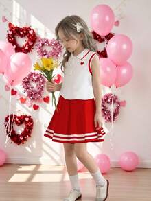 Elladie kids 2 件套女童学院风心形印花领无袖上衣和带缎带饰边的褶边裙，适合夏季返校季