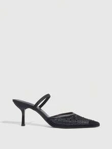 CUCCOO SZL Pointed Toe Backless High Heel Black Mesh Rhinestone Elastic Band Women's Stilettos, Fashionable, Sexy, Elegant French Style Open Toe Pumps Valentine's Day - Black - View 4