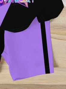 一套女婴休闲时尚可爱卡通韩流女孩紫色和黑色撞色印花短袖T恤和短裤套装，适合夏季户外穿着 - 彩色 - 查看 4